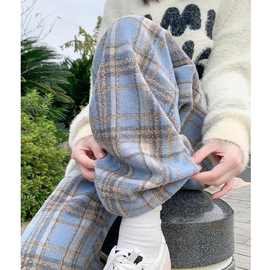 毛呢加绒格子裤女秋冬新款复古休闲垂感直筒拖地阔腿裤