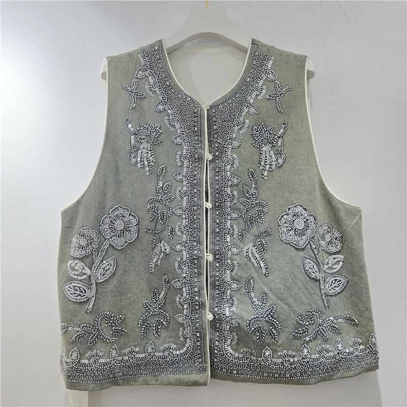 Retro estilo nacional de la industria pesada bordada con cuentas de clavos chaleco de vaquín de cuello redondo vestimenta de mujer plegable alta sensación chaqueta de mujer