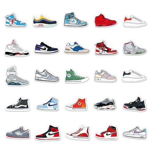 84 non-repeating cartoons of trendy sneakers, suitcases, graffiti trolley cases, notebooks, scooters, self-adhesive stickers
