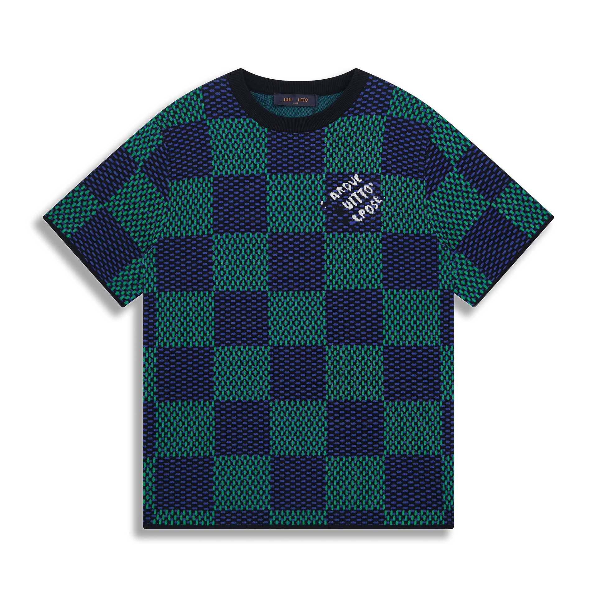 T-shirt de punto de alta versión de burro 2025 nuevo tablero de ajedrez letras jacquard casual suelta hombre y mujer mangas cortas