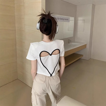 镂空爱心棉短款短袖T恤女夏季新款设计感字母印花显瘦上衣