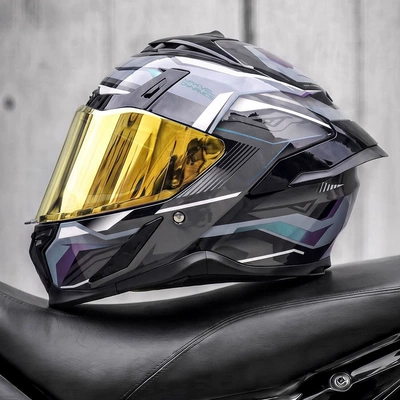 riding, full-face motorcycle helmet, Motosiklet kaskı (dəbilqə) - gray-star-electroplated-gold-mirror-free-clear-lens-m55-56cm