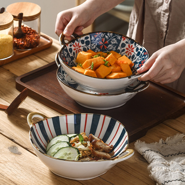 Japanese -style irregular double -ear household large ceramic bowl soup soup net red creative handle tableware instant noodle bowl salad bowl