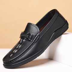 Wholesale Men's Summer Slip-on Shoes with Breathable, Non-slip, and Durable Soft Leather with Hollow Holes