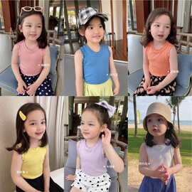 夏季女童无袖T恤韩版女宝宝纯色百搭修身上衣甜美木耳边无袖背心