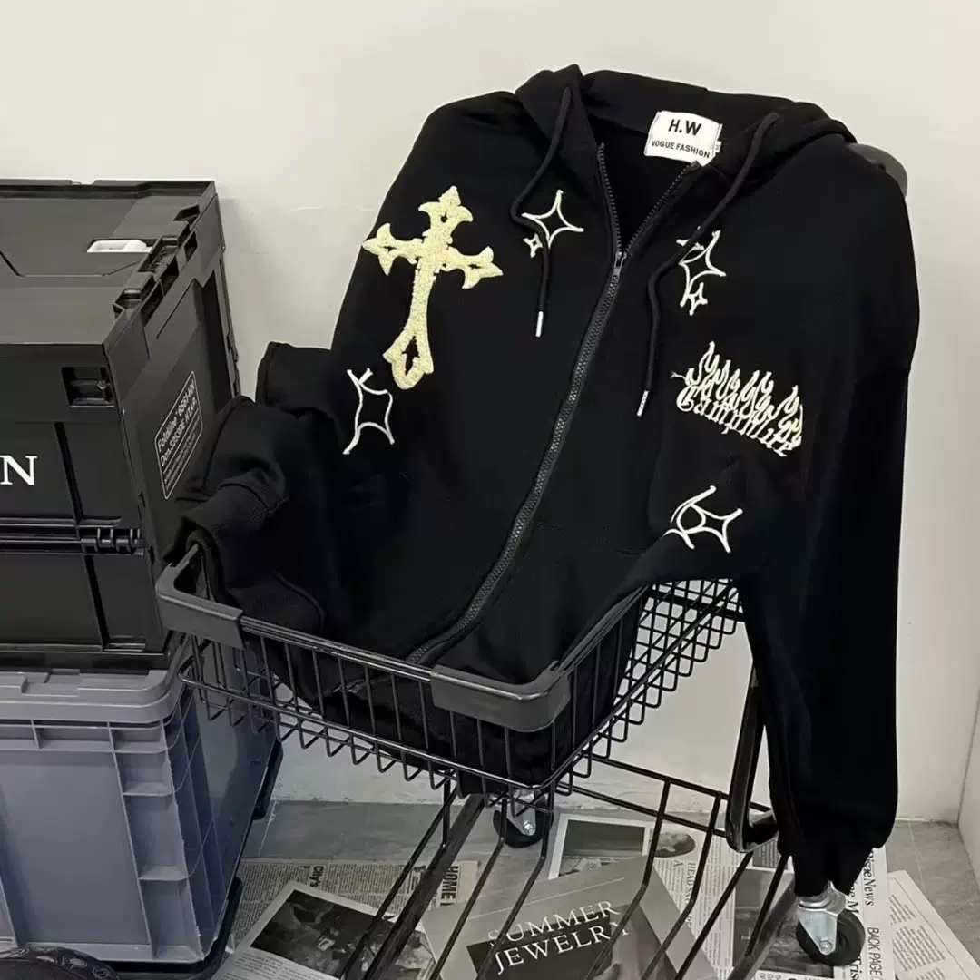 美式复古小众设计连帽卫衣拉链开衫国潮街头宽松外套情侣装
