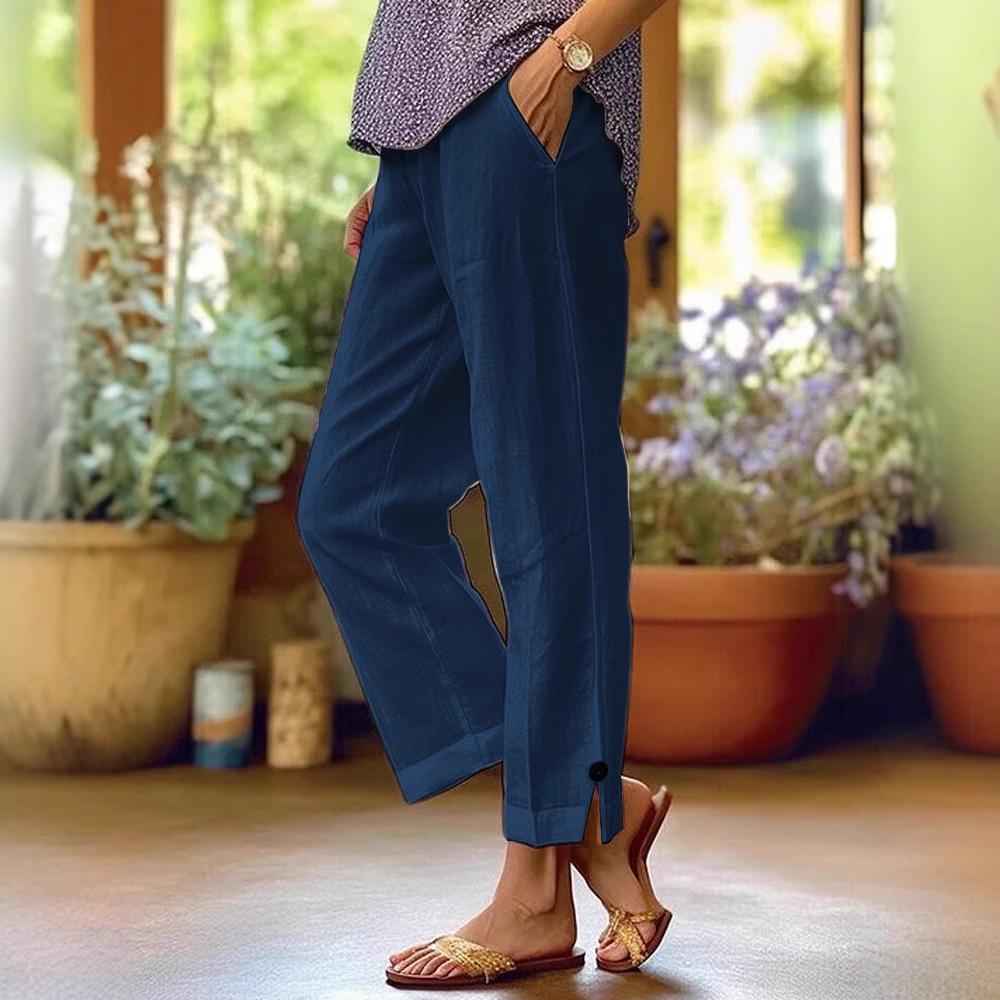 Women's Cotton Linen Casual Pants Loose Fit Straight Leg Elastic Waist Pockets Regular Thickness For Spring/Autumn Summer Wear_voghion.com