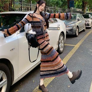 Sweet and Spicy Vintage Contrast Color Striped Knitted suit Women's Spring and Autumn Sweater Cardigan Slim-fit Sling dress Two-piece Fashionable Set