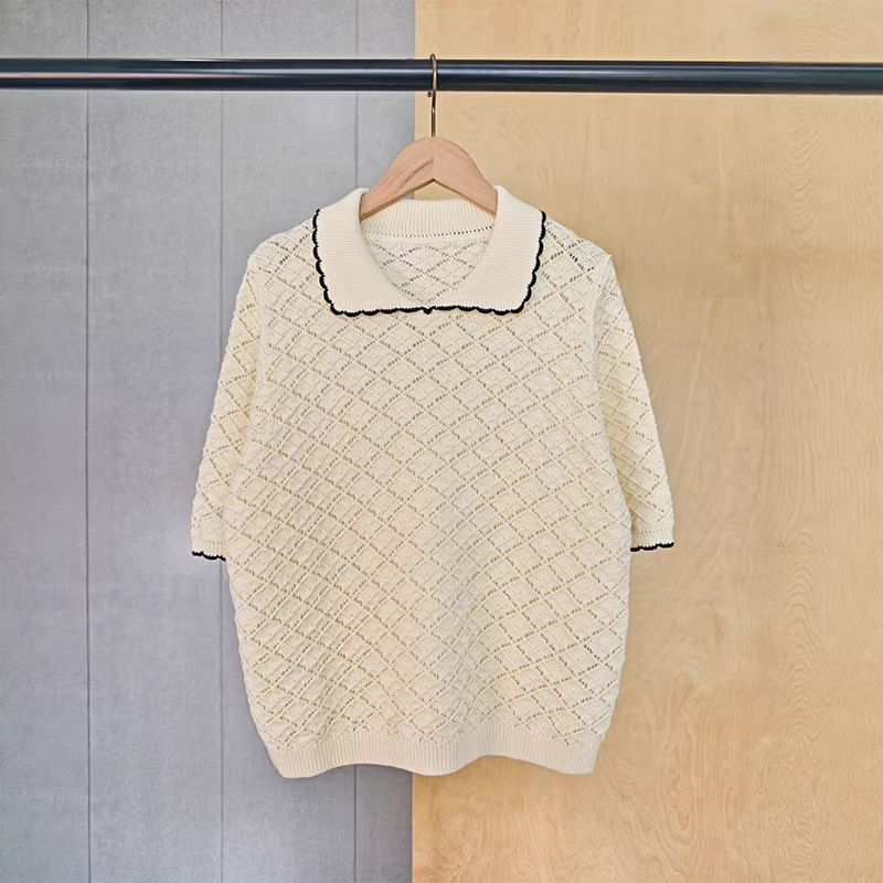 White Cotton Short-Sleeve Women's Knit Pullover 26 Spring New Fine-Spun Diamond Texture Gentle High-End Feel Top