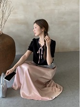 韩版温柔时尚套装女夏季2024新款拼色系带上衣高腰A字长裙两件套