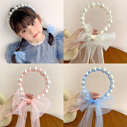 Korean style pearl headband, children's hairband, cute and elegant little fairy headdress, mesh streamer, solid color princess hair accessory