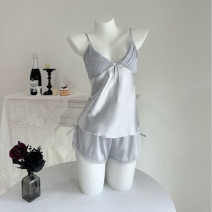 24 Summer New Style Pajamas Women's French Style Sexy Ice Silk Sling Shorts Home Clothes with Chest Pad