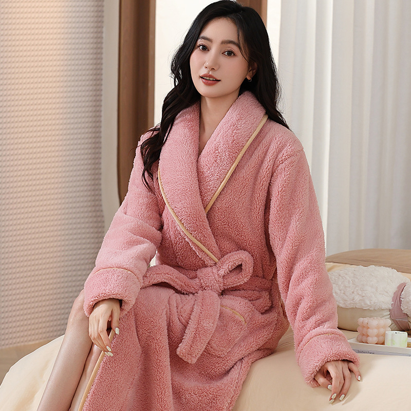 睡袍女2025秋冬珊瑚绒加厚长款浴袍简约纯色家居服保暖锁温晨袍|undefined