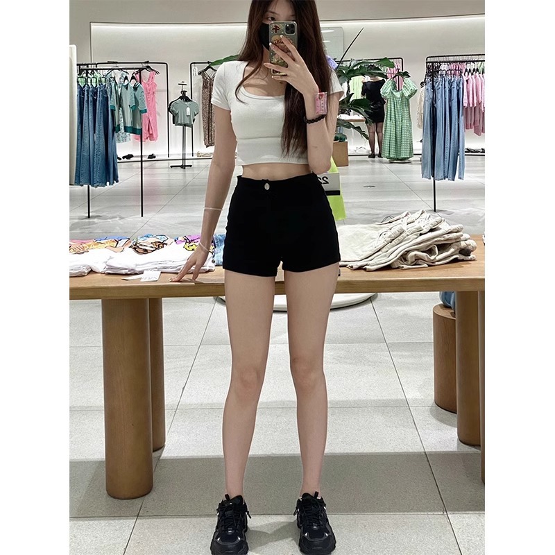 夏日热卖~黑色百搭牛仔短裤包臀超短热裤女夏季高腰辣妹紧身裤子|undefined