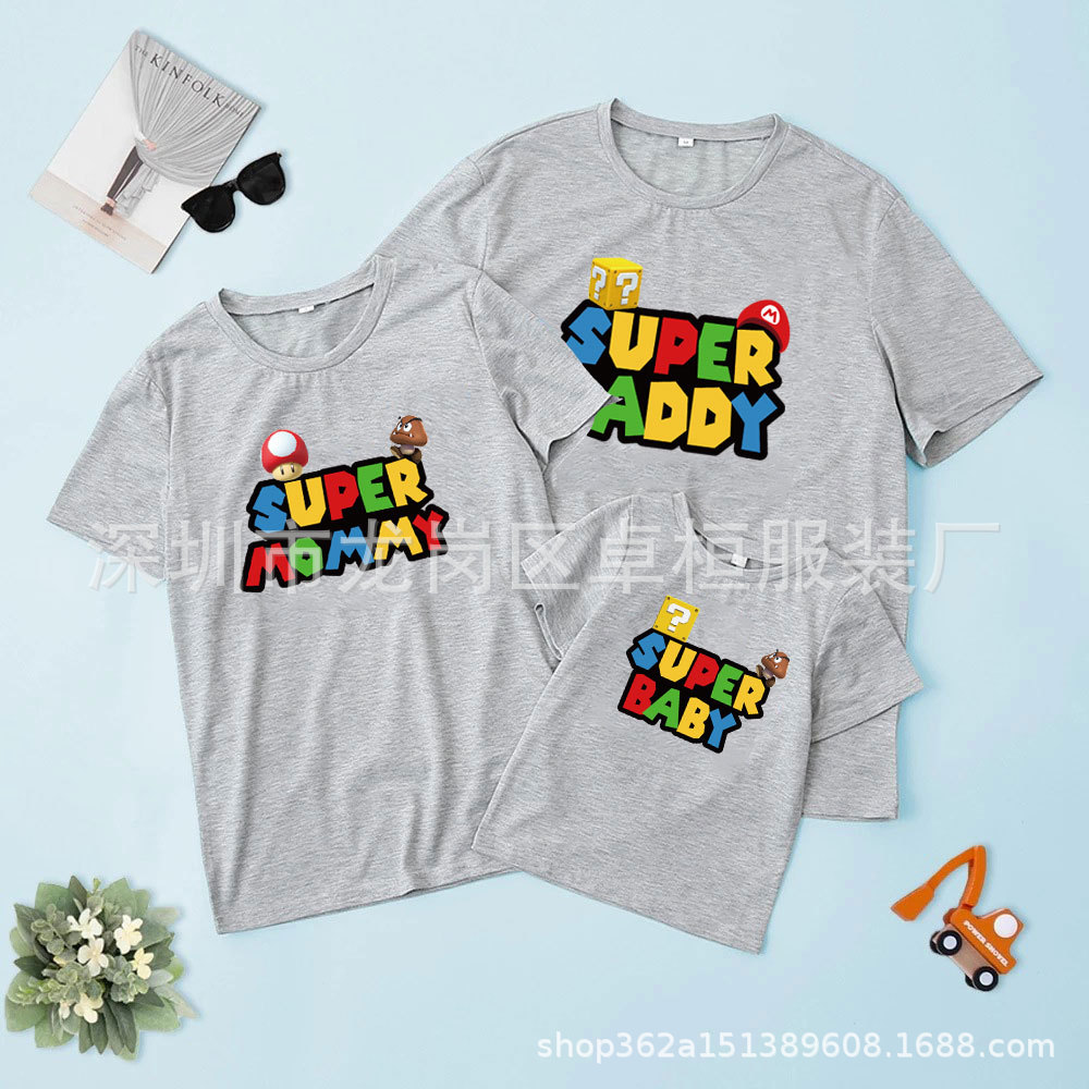 Moda de dibujos animados lindo manga corta hombres padre-niño ropa de clase camiseta suelta estilo coreano impreso Super Mary camiseta mujeres