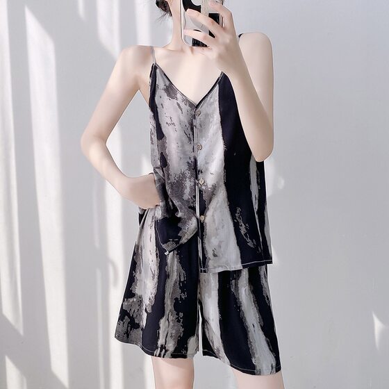 Sling Pajamas High-grade Women's Summer Sleeve Cotton Silk Pajamas Two-piece Set Ink Style Artificial Cotton Home Clothes