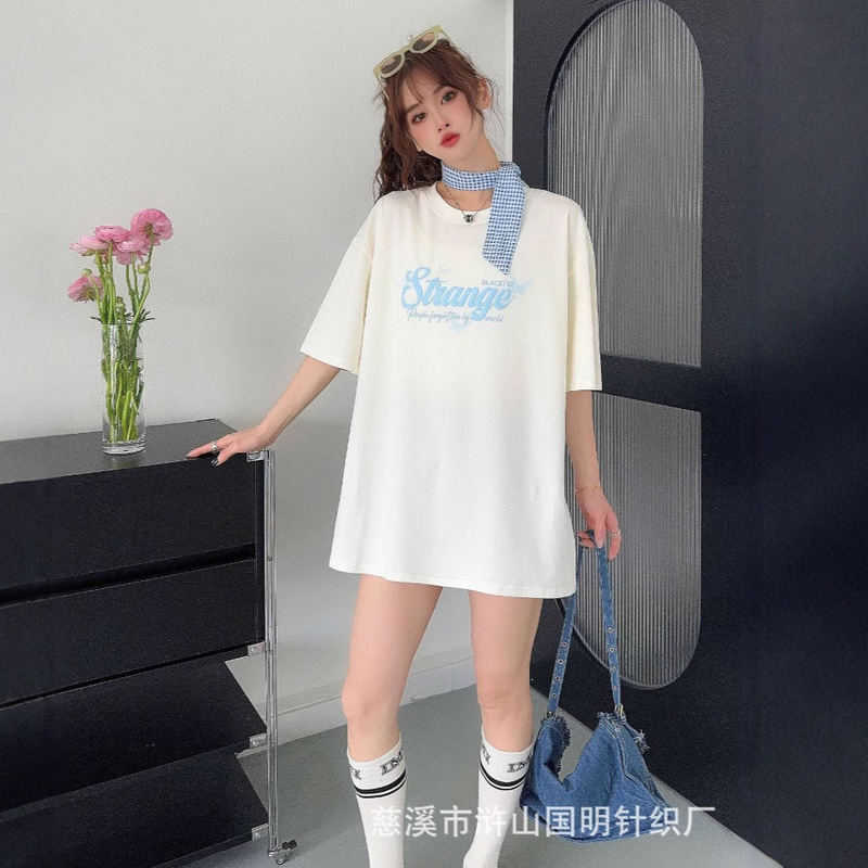 2025 レタープリント Tシャツレディース夏新作ゆったり大判ロング半袖前後発泡立体大判プリント|undefined
