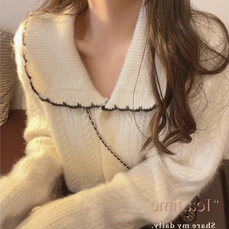 新款秋冬女娃娃领甜美软糯羊毛衫慵懒风宽松学院风羊绒针织开衫|undefined