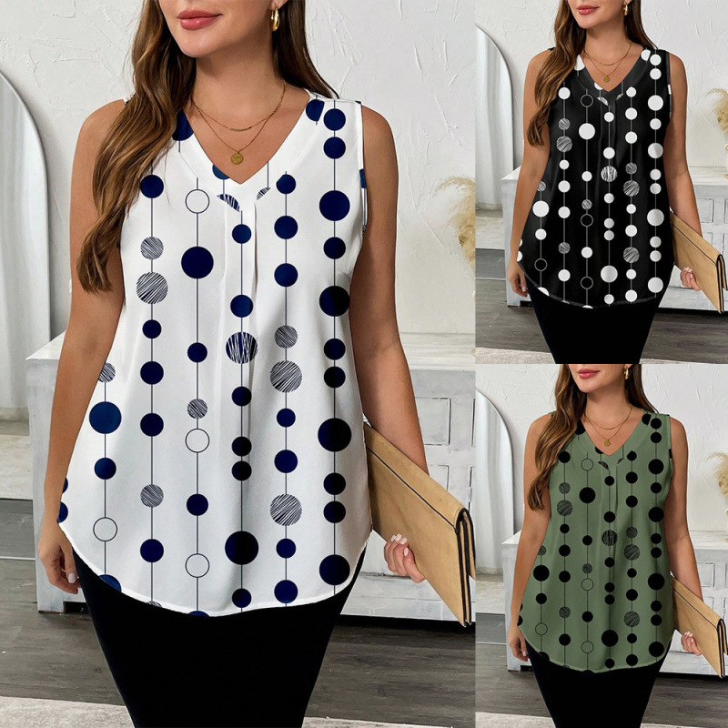 Cross-Border Exclusive Supply for Foreign Trade Plus-Size Women's Clothing, Amazon's Best-Selling Summer V-Neck Vest, Polka Dot Sleeveless Top Shirt Cross-Border Exclusive Supply for Foreign Trade Plus-Size Women's Clothing, Amazon's Best-Selling Summer V-Neck Vest, Polka Dot Sleeveless Top Shirt