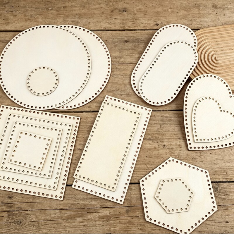 DIY woven basket frame storage box with wooden base, handmade crochet wooden base, natural wood color, round wooden piece with holes