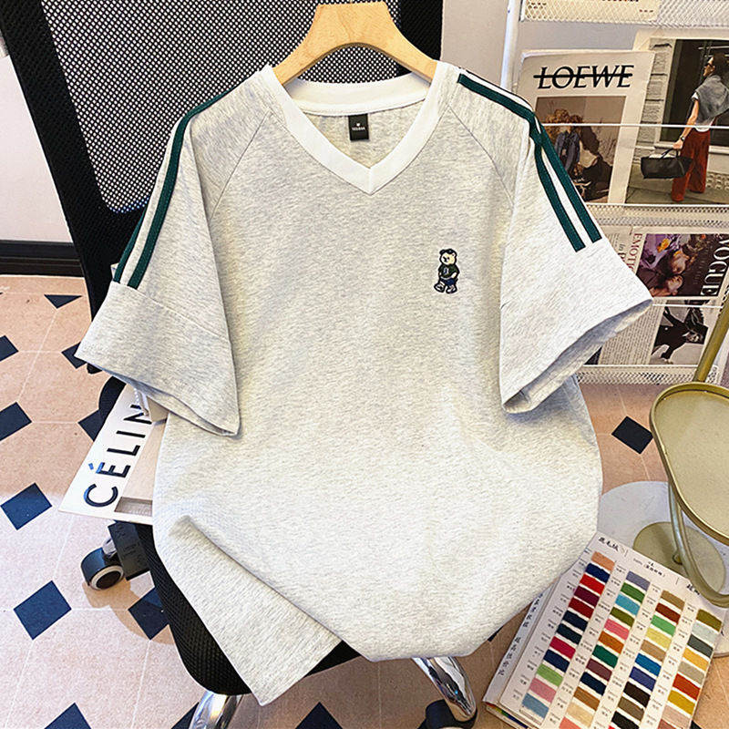 Double Yarn Pure Cotton Design V-Neck Color-Blocking Embroidered Loose Short-Sleeve T-Shirt for Women, Summer American Style Trendy Brand Plus-Size Half-Sleeve Top Double Yarn Pure Cotton Design V-Neck Color-Blocking Embroidered Loose Short-Sleeve T-Shirt for Women, Summer American Style Trendy Brand Plus-Size Half-Sleeve Top