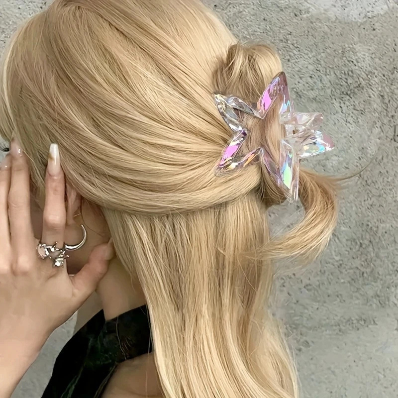 カラフルな中空スターシャーククリップ、甘いハーフタイヘアクリップ、かわいい五芒星の形のポニーテールクリップ、ファッショナブルなヘアクリップ|undefined