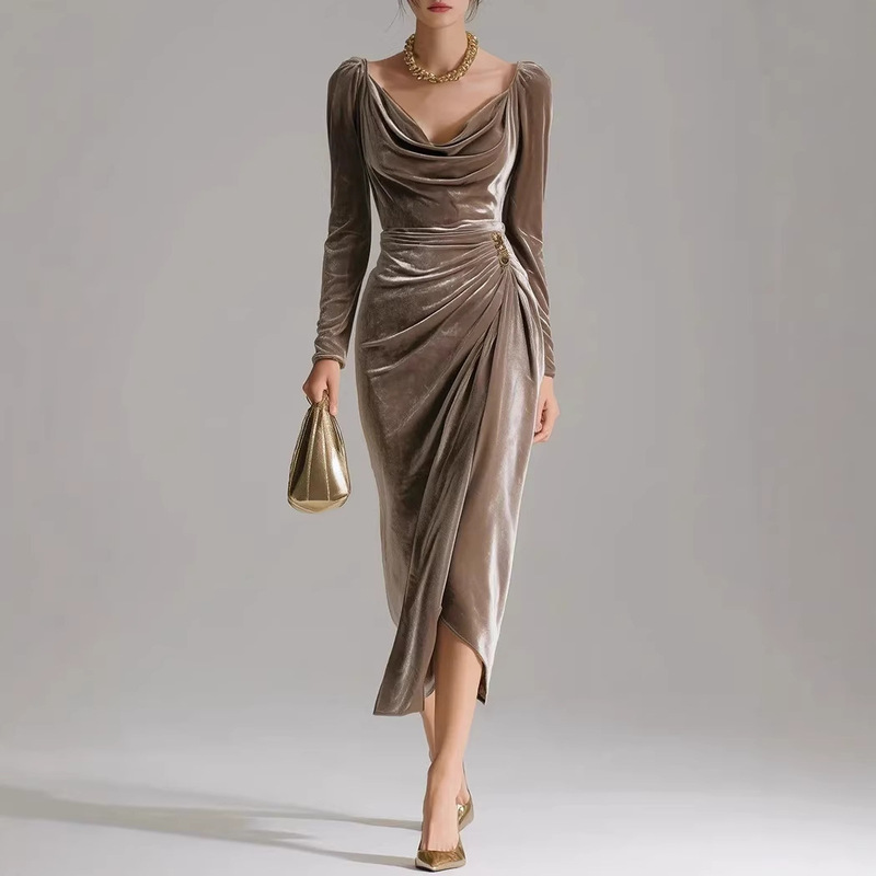 2025 European and American Women's Fashion Casual Velvet Sexy New Long-Sleeve Slim-Fit Ruched Long Bodycon Dress with Waist Cinching