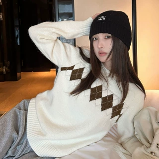 韩系菱格圆领套头长袖毛衣女2025年秋冬季新款小众设计感针织上衣