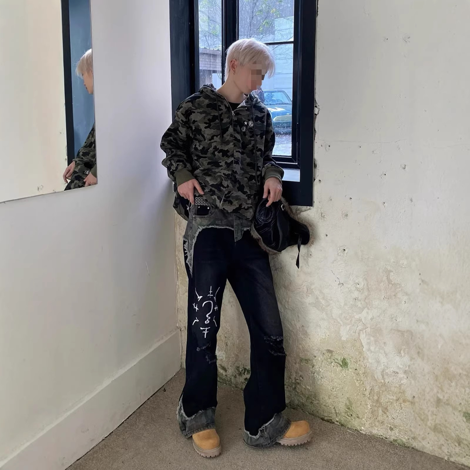 European And American Hip Hop Niche Patchwork Jeans Men's American Street Style Loose Casual Washed Ripped Straight Leg Jeans_mkmklike.com