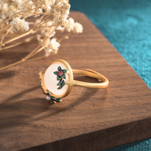 National trend cold enamel craft ancient gold imitation Hetian jade ring women's ancient Chinese style palace Hanfu cheongsam accessories
