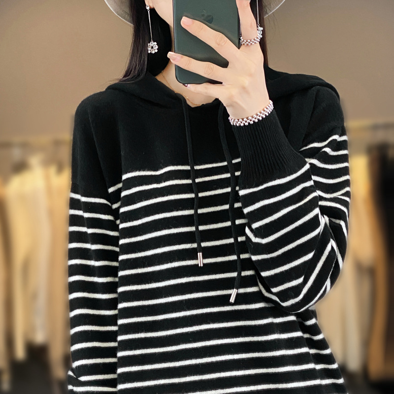 2025秋冬新款女衫休闲黑白条纹宽松针织连帽抽绳帽子衫毛上衣白色|undefined
