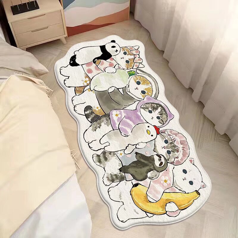 漫画の寝室のじゅうたんの猫はカシミヤの異形のベッドのへりのじゅうたんのかわいい少女のベッドの尾のじゅうたんの家庭用の窓のマットをまねます。|undefined