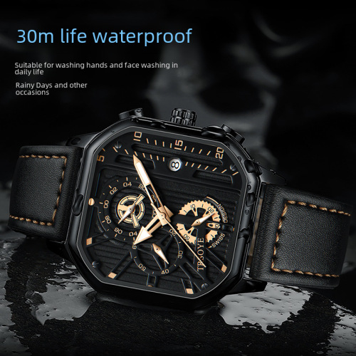 Wholesale waterproof luminous square quartz watch for men, trendy and fashionable with calendar function, leather strap