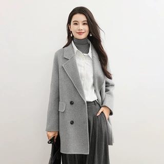 新款纯羊毛双面呢大衣女双排扣小个子上衣秋冬宽松中长款毛呢外套
