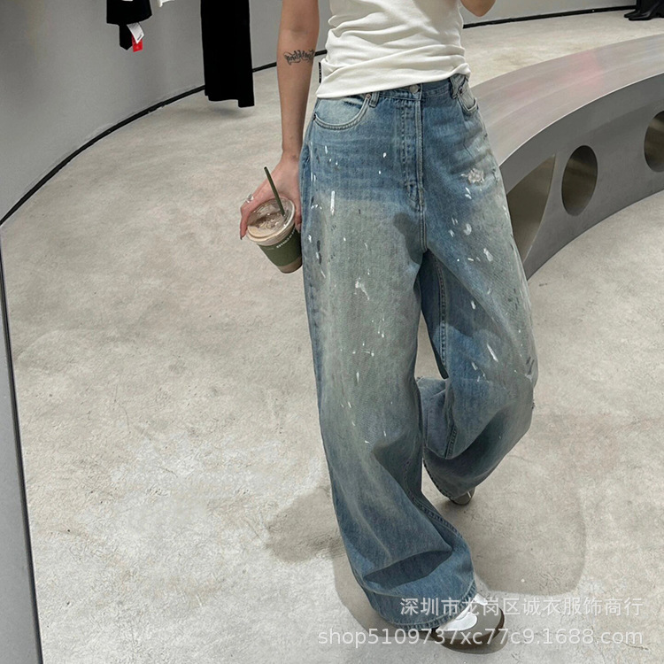 Hand-Painted Graffiti 24Ss Wandering Wasteland Style Loose Men's and Women's Wide-Return Distressed Jeans Handmade Lazy Style