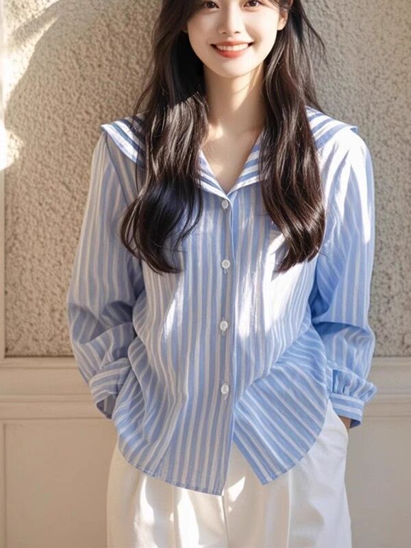 French-Style Blue Striped Navy Collar High-End Long-Sleeve Shirt Dopamine High-End Temperament Blouse Women's Early Autumn