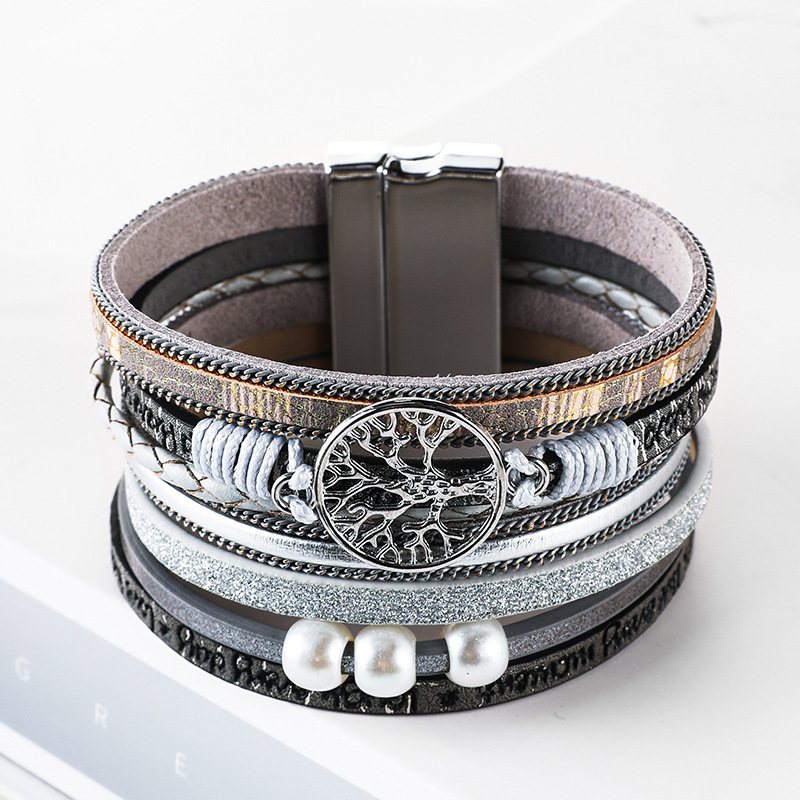 2025 Classic Handwoven Leather Bracelet Hollow Tree of Life Multi-Layered Leather Bracelet European and American Charm Jewelry