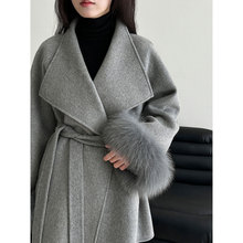 鹿西 真狐狸毛双面呢大衣系带女25冬季新款中长款羊毛呢外套D9609