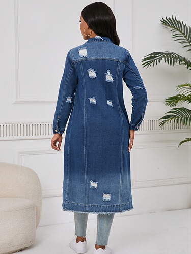 Women's Long Ripped Denim Jacket with Real Pockets Casual