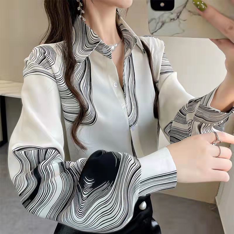 长袖上衣设计感女小众宽松印花衬衫女春秋季翻领气质衬衣女|undefined