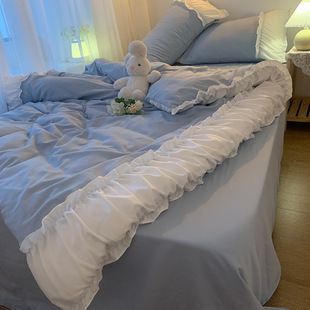 Ins Princess Style Blue Lace Quilt Cover Four-Piece Set Girly Heart Pure Color Bed Bed Sheets Bed Skirt Dormitory Bed Three-Piece Set