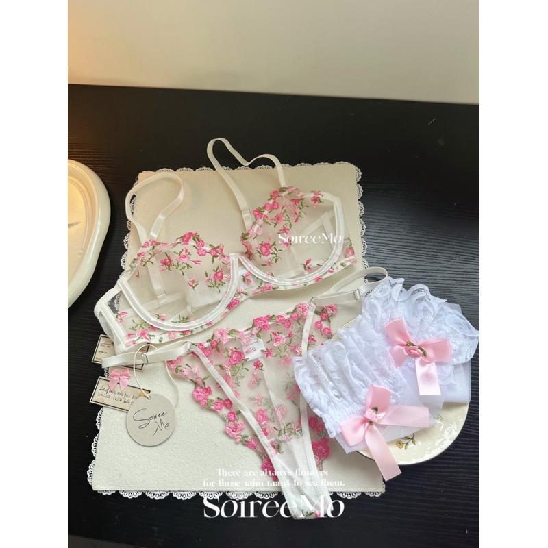 Verano super hermoso bordado dulce sexy malla sujetador conjunto de flores frescas de la niña pura ropa interior de la mujer