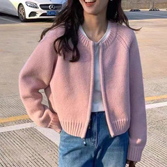 粉色小香风针织拉链外套女春秋外搭短款温柔气质减龄毛衣开衫上衣