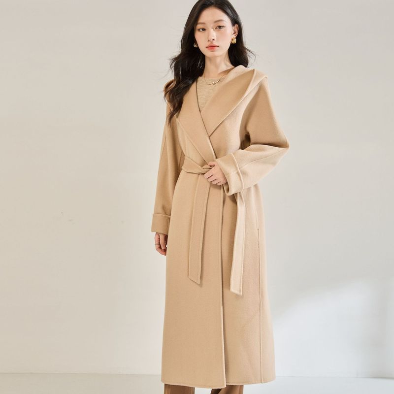 25秋冬新款休闲时尚宽松翻领浴袍长款连帽双面呢大衣外套女22672|undefined