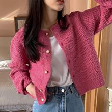韓國設計寬松長袖短款毛衣外套chic秋冬復古小香風圓領針織開衫