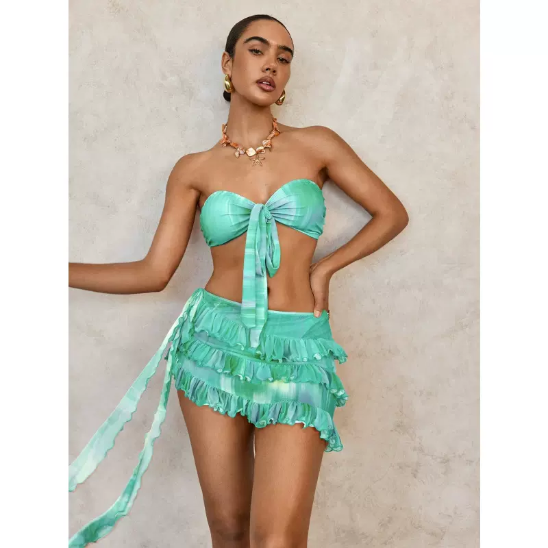 2026欧美跨境扎染比基尼泳衣女三件套网纱裙分体bikini亚马逊泳装