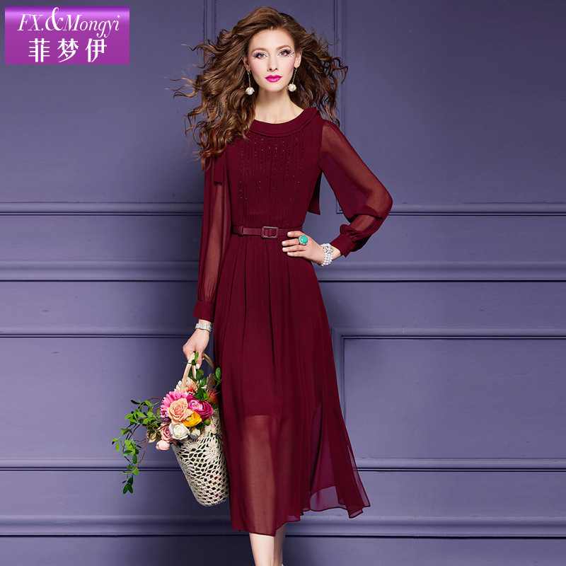 Feimengyi Beaded Sequin Dress Women's Spring New Retro Fashion Slim Waist Mid-Length Skirt Elegant