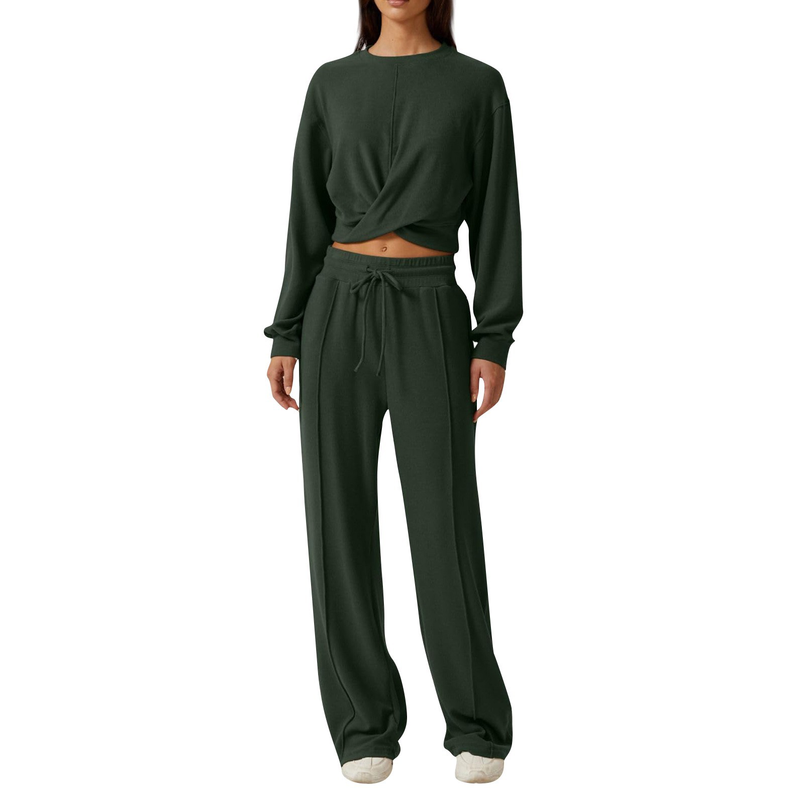 Abbigliamento da donna, top da donna con scollo tondo, manica lunga, elastico in vita, design con corda, tinta unita, gamba larga, pantaloni da donna_voghion.com