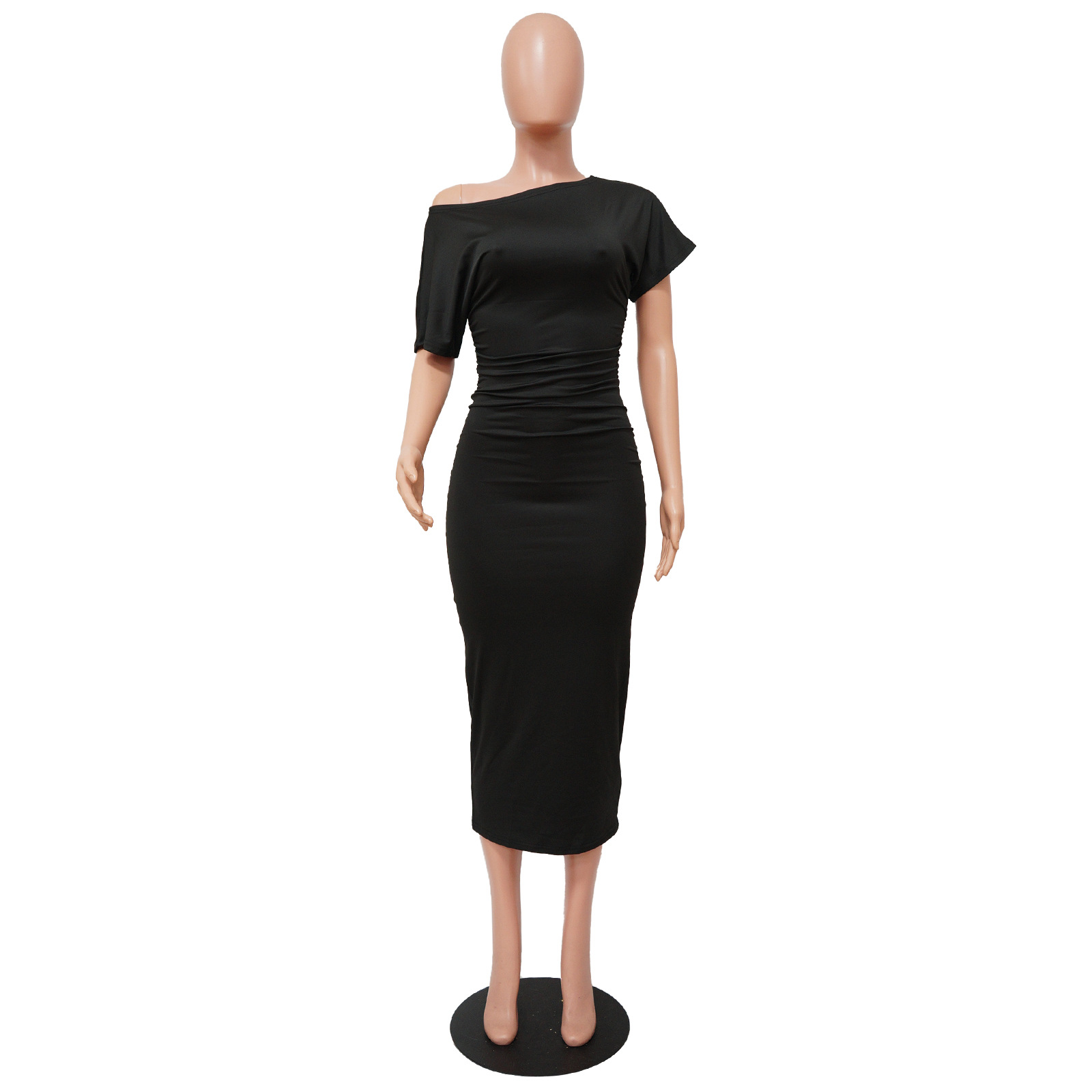 Women Clothing Popular Solid Color Pleated Slim-Fit Oblique Shoulder Dress 5 Women Clothing Popular Solid Color Pleated Slim-Fit Oblique Shoulder Dress