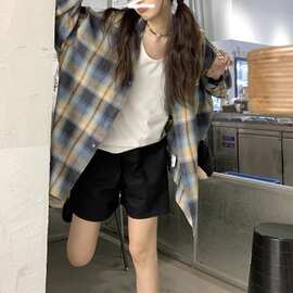 复古格子衬衫女2024春秋季新款长袖衬衣外套潮牌宽松休闲上衣批发